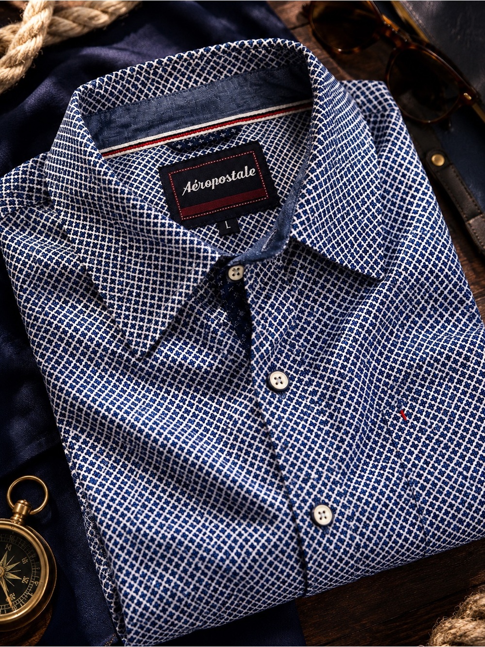 Aeropostale Blue Micro Print Button Down Shirt Men’s Large Short Sleeve Cotton